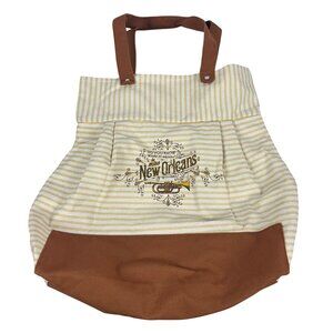 New Orleans Striped Canvas Tote Bag With Brass Instrument Print